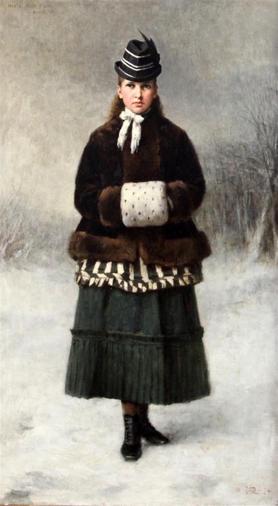 Sir George Reid P.R.S.A. (1841-1913) Portrait of Mabel Mary Field, Aged 13, standing in a winter landscape 33 x 18.5in.